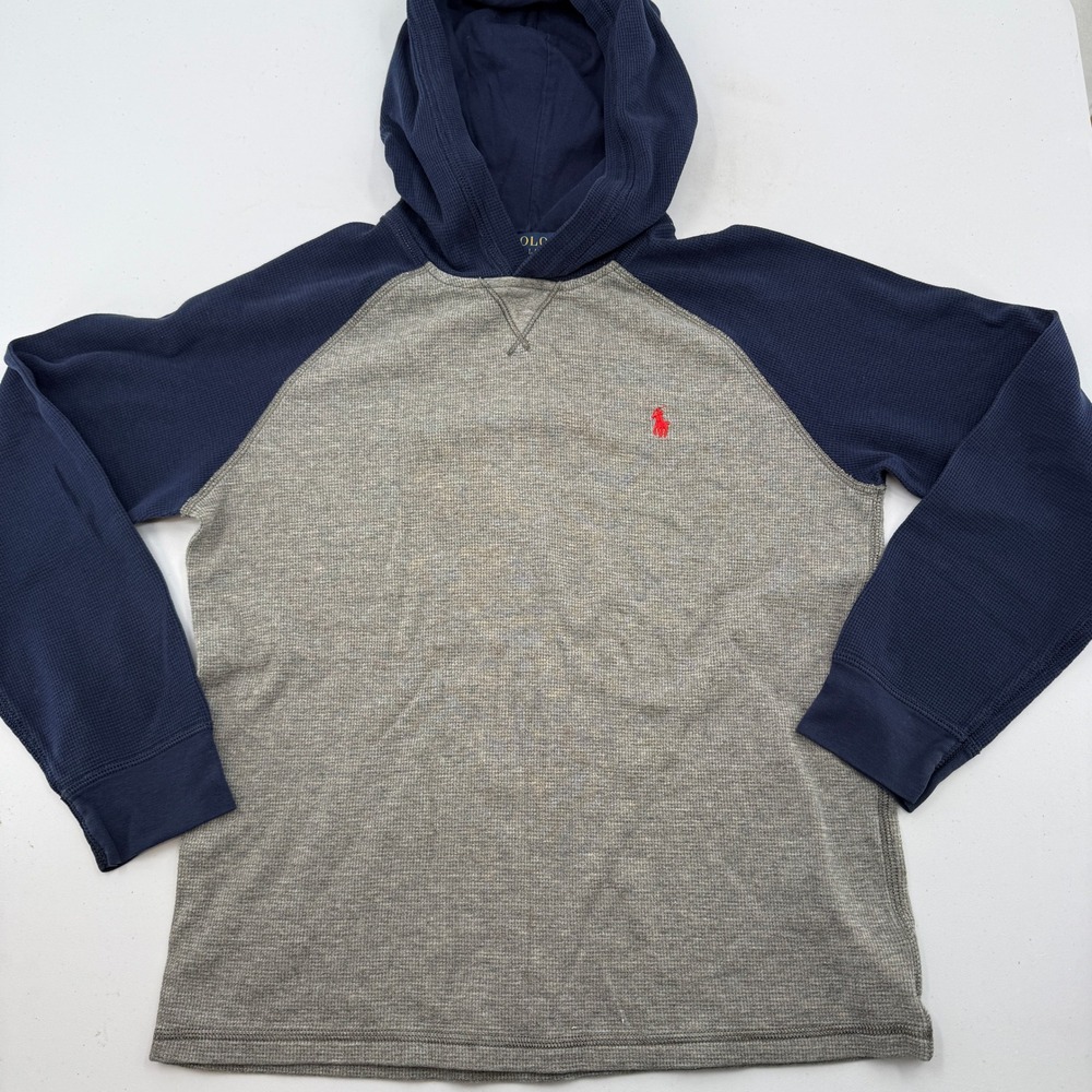 Polo Ralph Lauren Hoodie Shirt Boys L 14-16 Gray Blue Waffle Knit Raglan Thermal